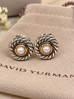 David Yurman Pearl Cookie Stud Earrings Sterling Silver & 14K Gold
